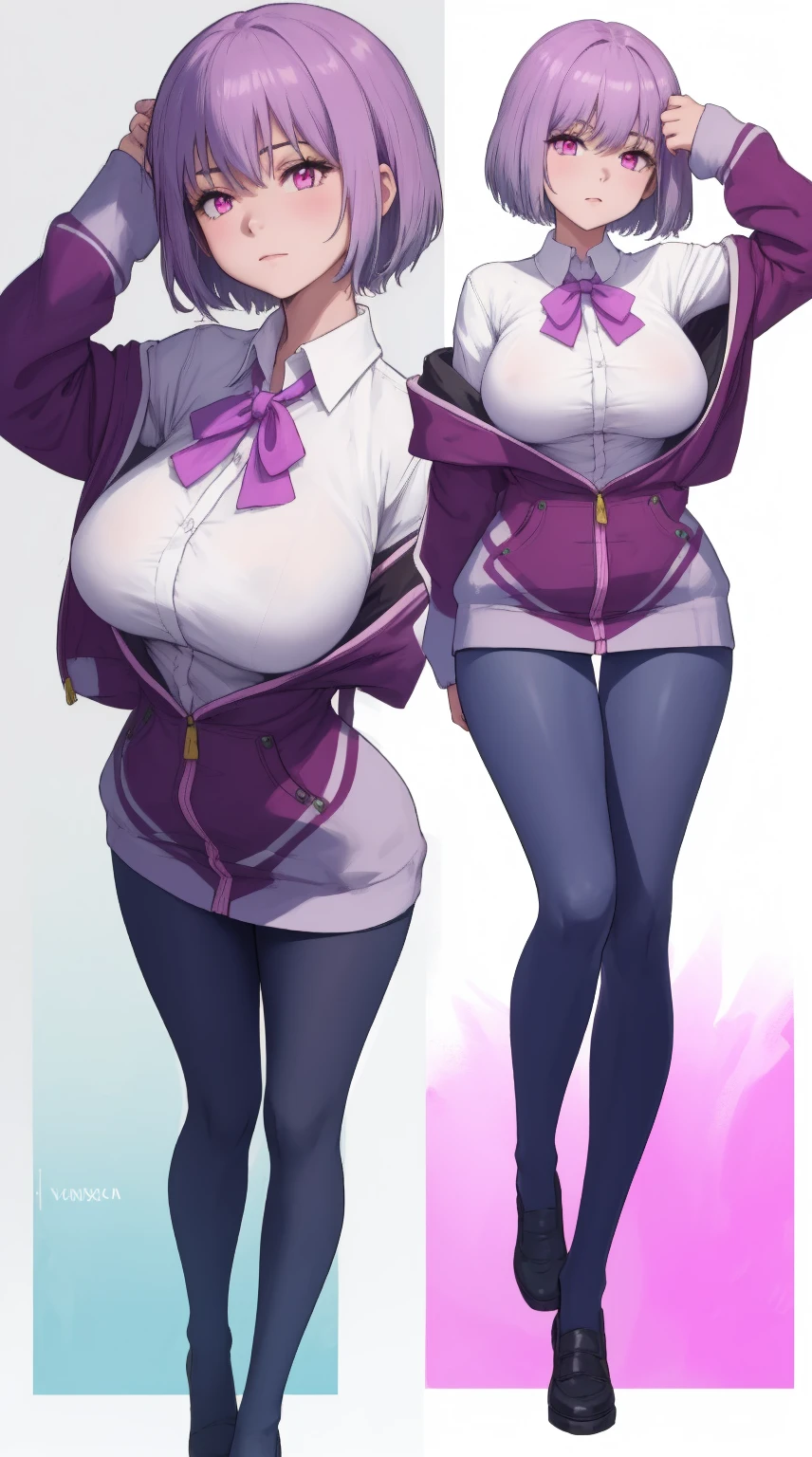 shinjou akane, light purple hair, (pink eyes:1.2), short hair,
black pantyhose, bow, collared shirt, hood, hooded jacket, jacket, open clothes, open jacket, open shirt, pantyhose, purple bow, purple jacket, school uniform, shirt, sleeves past wrists, unbuttoned shirt, white shirt,

full body, from head to toe, woman is very feminine, but very attractive in the three poses for the piece of art, 1girl, huge_breasts, white background, ((multiple views:1.3)), pon, simple background,