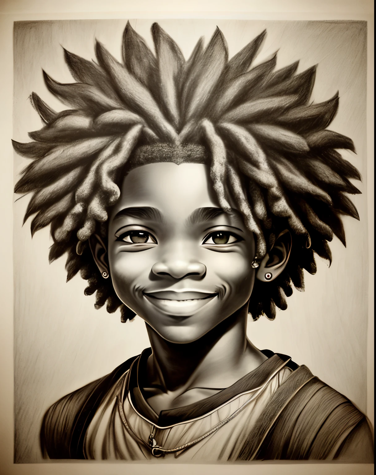 I want a smile expression, example of 1 male characters in graphite pencil drawing, cabelo afro caindo para a frente, Tipo Rasta, 8k Camera, para colocar de perfil no tiktok,