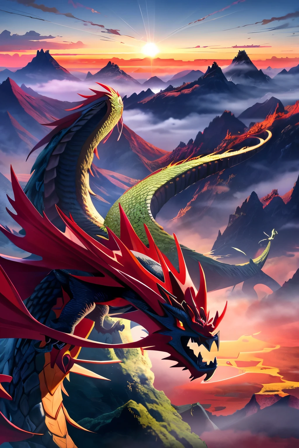A majestic Chinese dragon takes center stage in this breathtaking scene, its intricately scaled body adorned with bold and vibrant colors. The dragon's powerful form is poised to soar into the sky, its wings spread wide, catching the soft glow of the sun setting over the horizon. In the background, towering mountains with jagged peaks emerge from the fog, their silhouettes casting long, dramatic shadows upon the landscape. The serene waters of a tranquil pond lie at the dragon's feet, reflecting the vibrant hues of the sunset and the dragon itself. Koi carps, their vibrant orange and red scales shimmering in the water, can be