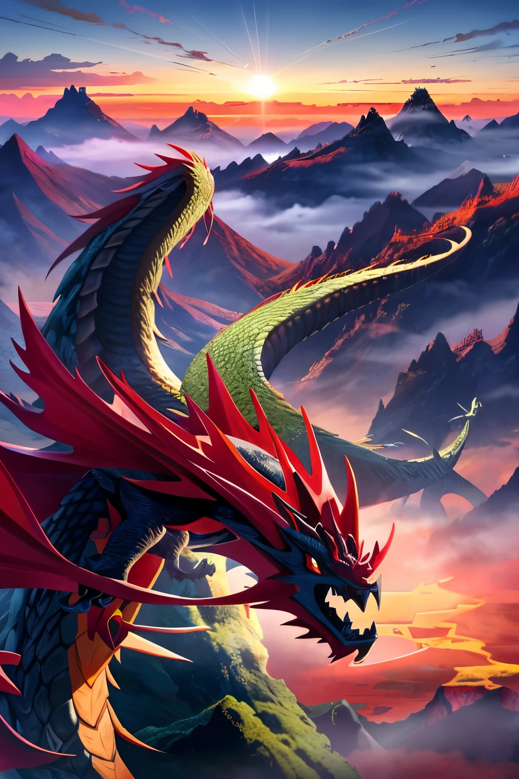A majestic Chinese dragon takes center stage in this breathtaking scene, its intricately scaled body adorned with bold and vibrant colors. The dragon's powerful form is poised to soar into the sky, its wings spread wide, catching the soft glow of the sun setting over the horizon. In the background, towering mountains with jagged peaks emerge from the fog, their silhouettes casting long, dramatic shadows upon the landscape. The serene waters of a tranquil pond lie at the dragon's feet, reflecting the vibrant hues of the sunset and the dragon itself. Koi carps, their vibrant orange and red scales shimmering in the water, can be
