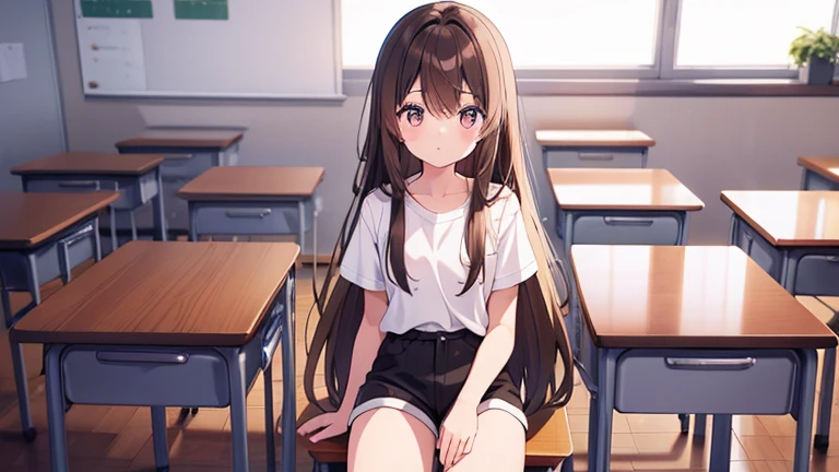 20 years old、flat chest、Height 165 cm、Long brown hair、Black short sleeves、White shorts、White coat、classroom、sit next to、Turn around and look at the camera