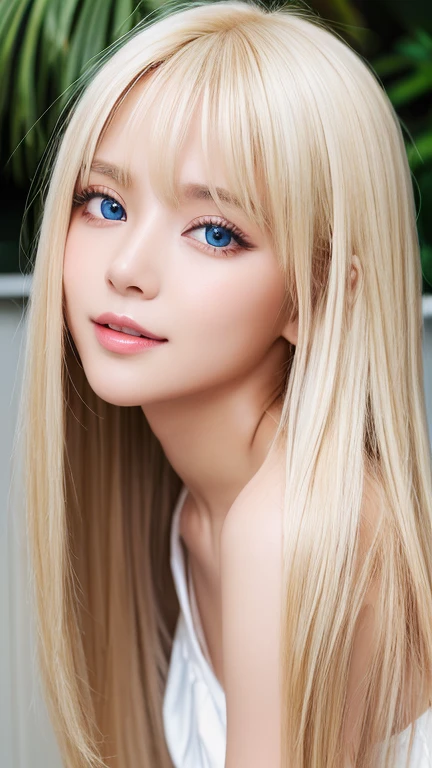 A beautiful blonde girl, Glossy firm and shiny skin, bangs between the eyes, Beautiful shiny straight platinum blonde, Super Long Straight Silky Hair, eyeliner, sexyで美しい無邪気な16歳, High-definition shining beautiful bright light blue very large eyes, very big eyes、very beautiful and nice girl, ((huge ))、((erotic、sexy、ultra high resolution、the lighting is bright、Precise hands without any discomfort))、hair over eyes、hair over one eye、hair between eyes、Extremely pure white, bright and glossy skin、cheek highlights、A little smile、shy and bright look、small face beauty、round face、big eyes staring、face over hair