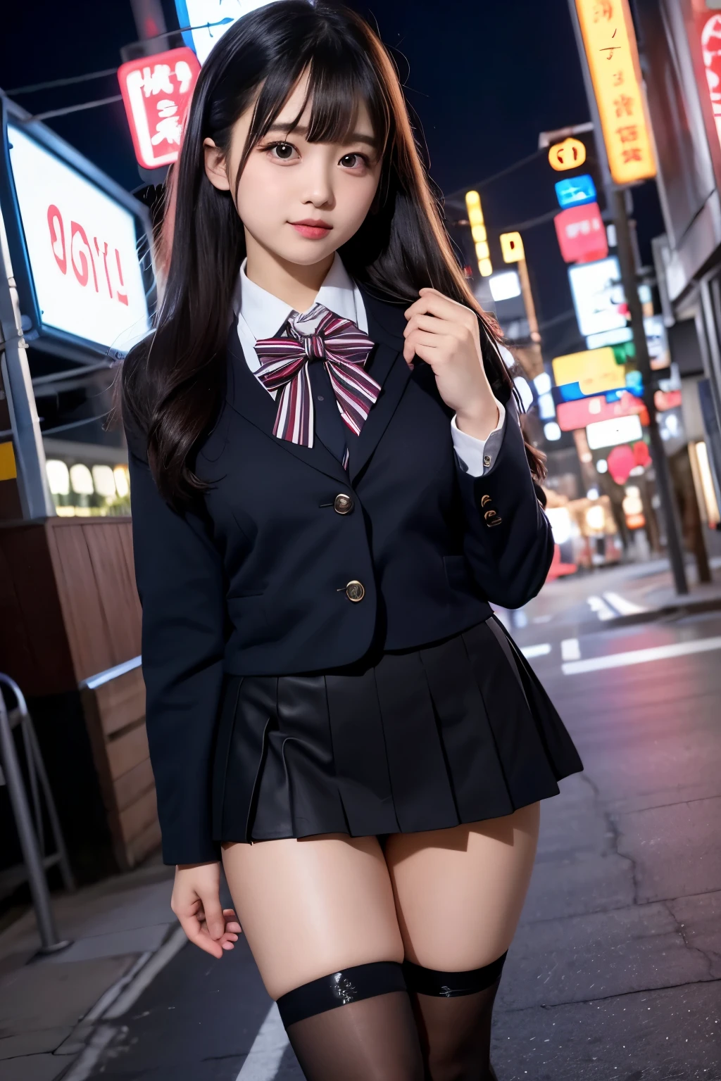 low angle shot、black stockings、big breasts、Shoes are visible、super treet snap、tall, A -face woman wearing a short skirt and bow tie is standing in a neon street at night、high school student、Thin calf、japanese girl、Winter clothes、Wearing Japanese school uniform、Japanese school black uniform、Wearing a surreal high school uniform、girl in uniform、Wearing a dark blue uniform、Full body Esbian、(micro mini skirt)、Plump thighs、肌が透けているblack stockingsを履いている、leather shoes、Japanese high school 、Nogizaka Idol、inviting eyes