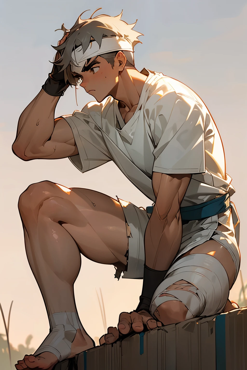 light gray hair color, martial arts teen boy, (Meticulous muscle detail:1.2), smooth skin, serious look,(torn white short sleeve shirt:1.2), dirty and tattered, White Hachimaki, (Rin々thick eyebrows:1.11), thick and muscular legs , wrapping cloth around bare feet , (short) , Training in a sweaty field in the sunrise , (anatomically correct:1.2)