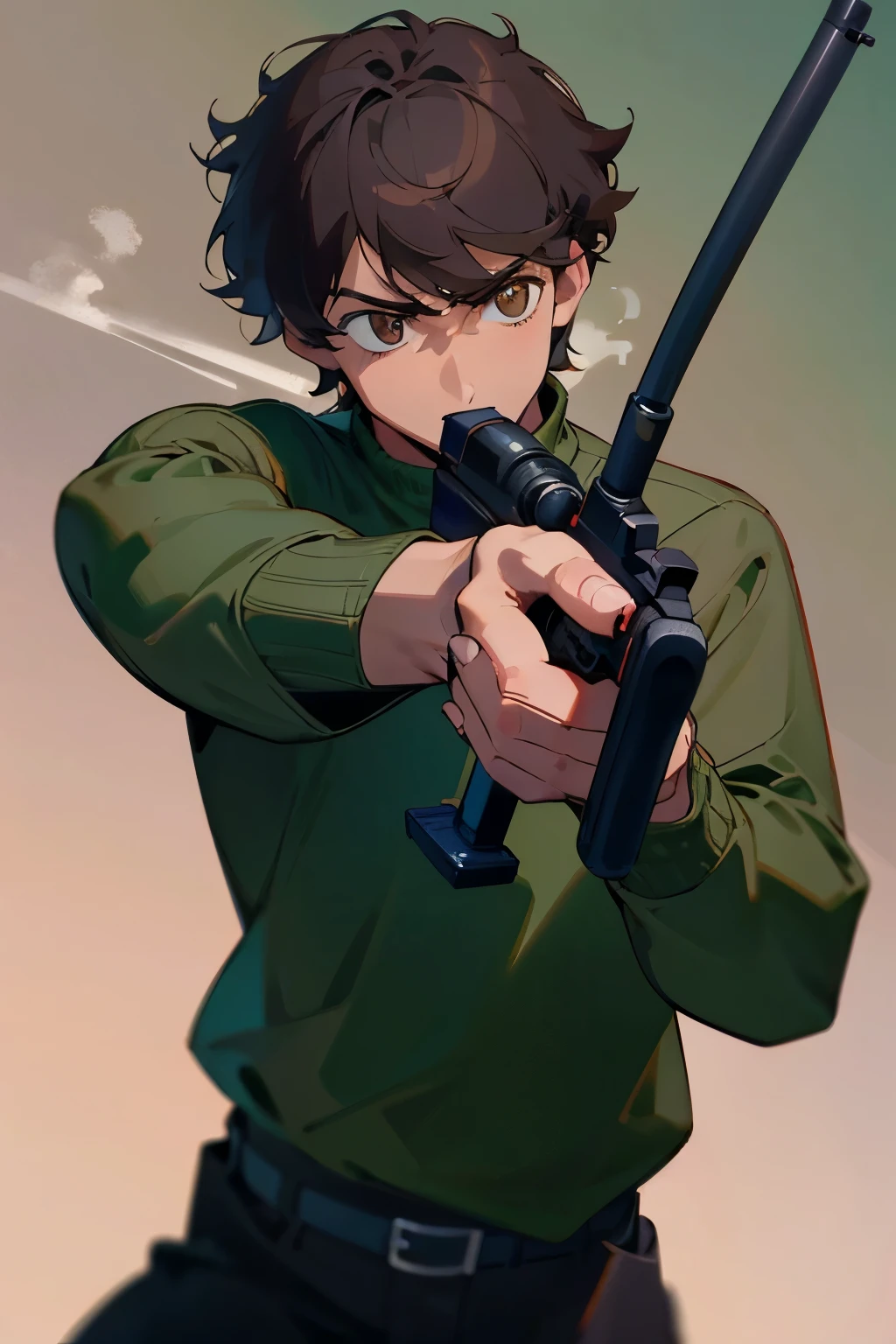 1 character, plain background, holding a rifle, no dynamic pose, no dynamic lighting, serious expression, brown curly short hair, male character, adult male, dark-brown hair, dark brown eyes, green knit sweater, tan skin, holding rifle, aiming with the fun, looking down the eyepiece, aiming the gun