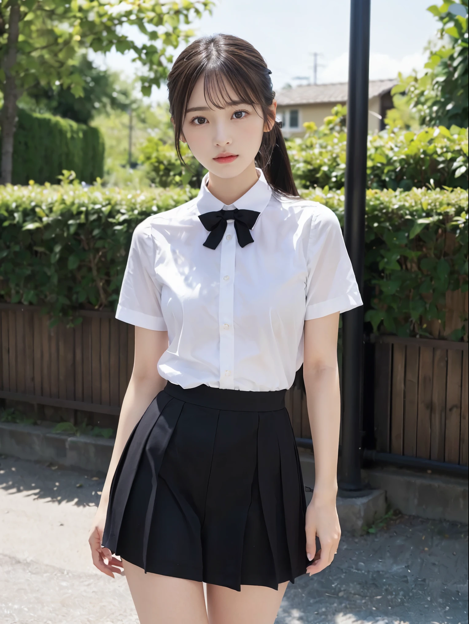 ((超絶リアルなhighest quality、Drawn details)、(Photographed from the front:1.4),(Center of gravity on one leg:1.9),(Stand upright:1.5),(Slender figure wearing summer uniform) ,(Close up of twin-tailed hair girl:1.3)、(realistic background:1.3)、(anatomically correct:1.3)、(full hand:1.3)、(full finger:1.3)、Photoreal、Raw photo、highest quality、high resolution、delicate and beautiful、perfect face、beautiful and fine eyes、Fair skin、real human skin、pores、((thin legs))、(black hair)