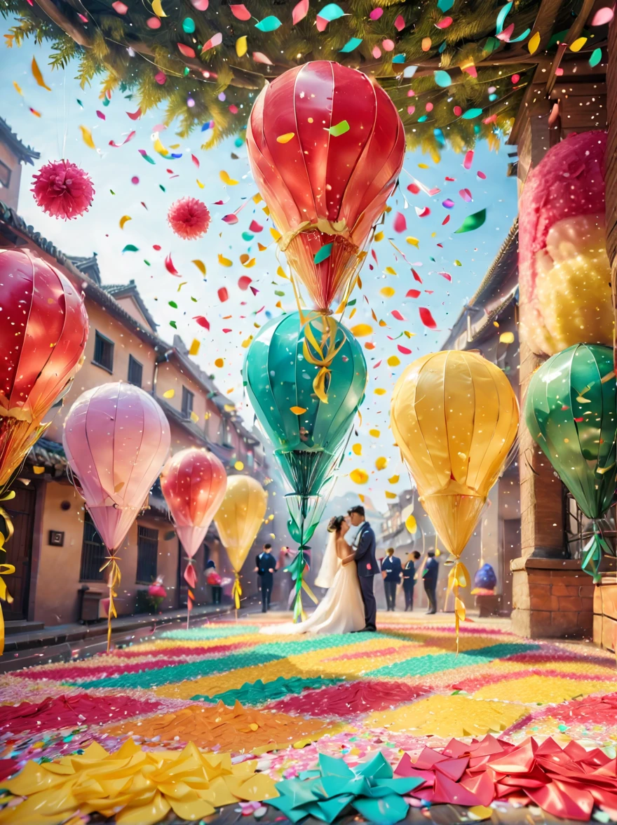 五颜六色的五彩Confetti在阳光下飘落,在Wedding celebrations上,五彩Confetti下雨,soft的灯光,五颜六色的Confetti漂浮,五彩Confetti飞扬,Festive decorations,spring,bright,bright colors,kudos,Wedding celebrations,soft,Confetti,soft的色彩,(best quality,8k,high resolution,masterpiece) ,Super detailed