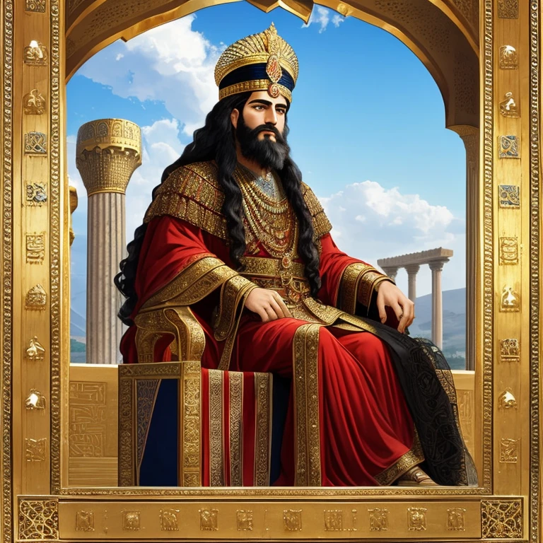 A majestic and regal portrait of Cyrus the Great, the Persian king, adorned in a vibrant red and gold ancient Persian royal uniform. His long, black, curly hair and beard cascade down, framing a strong and intelligent face. Atop his head sits a masterpiece of a big Persian crown, adorned with an abundance of precious jewels, reflecting the rich history and wealth of the Persian Empire. The king stands proudly in front of the grandeur of Persepolis, with a backdrop of intricate Persian architecture and lush greenery, evoking a sense of power, prestige, and the grandeur of ancient Persia. The scene