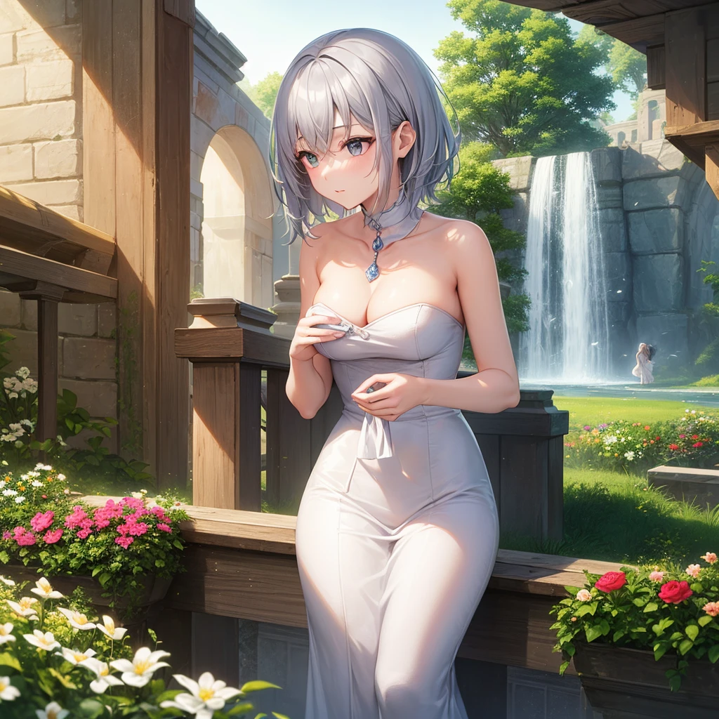 super high quality, with a girl, 20-year-old, very short hair, long bangs between the eyes, gray eyes , blue sky, sunlight, very detailed,(masterpiece、highest quality)、alone、gray hair、fantasy, silver hair, black eye, beautiful eyes,, , charm, be smitten with audience, fantasyな風景、flower garden、white clothes、Princess、kiss face