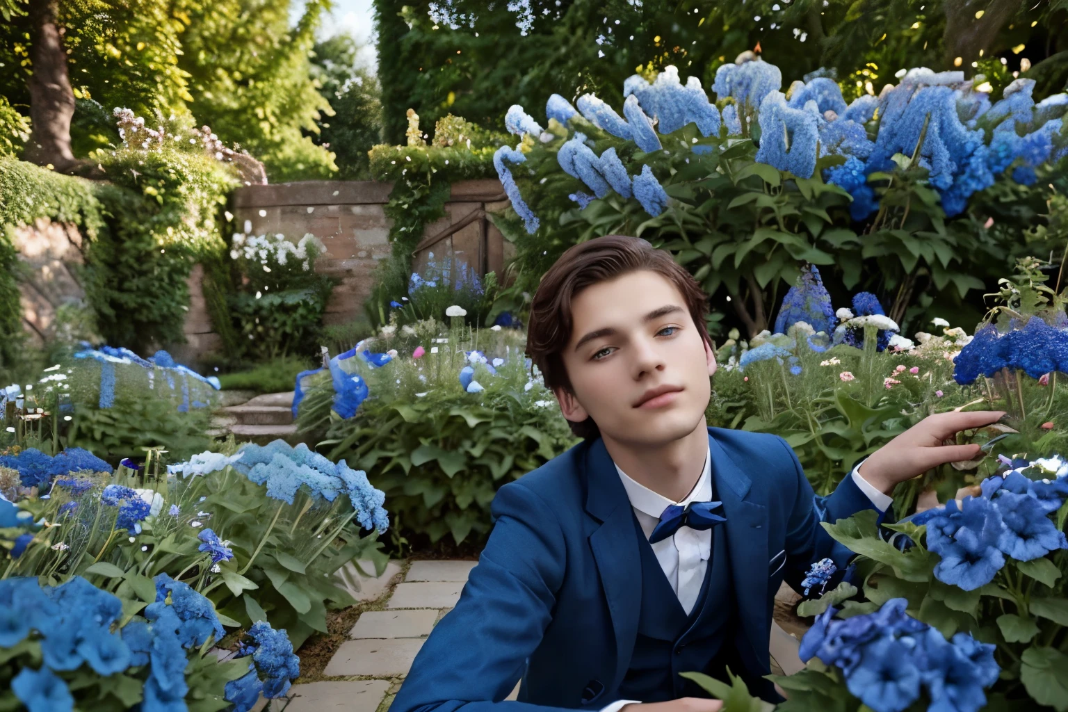 A young thin, short aristocratic guy of 19 years old with dark brown hair and light blue eyes, wearing expensive brown suit according to the late Victorian era, in the garden among growing blue delphiniums, daylight, high resolution, professional photo of excellent quality, 8k.