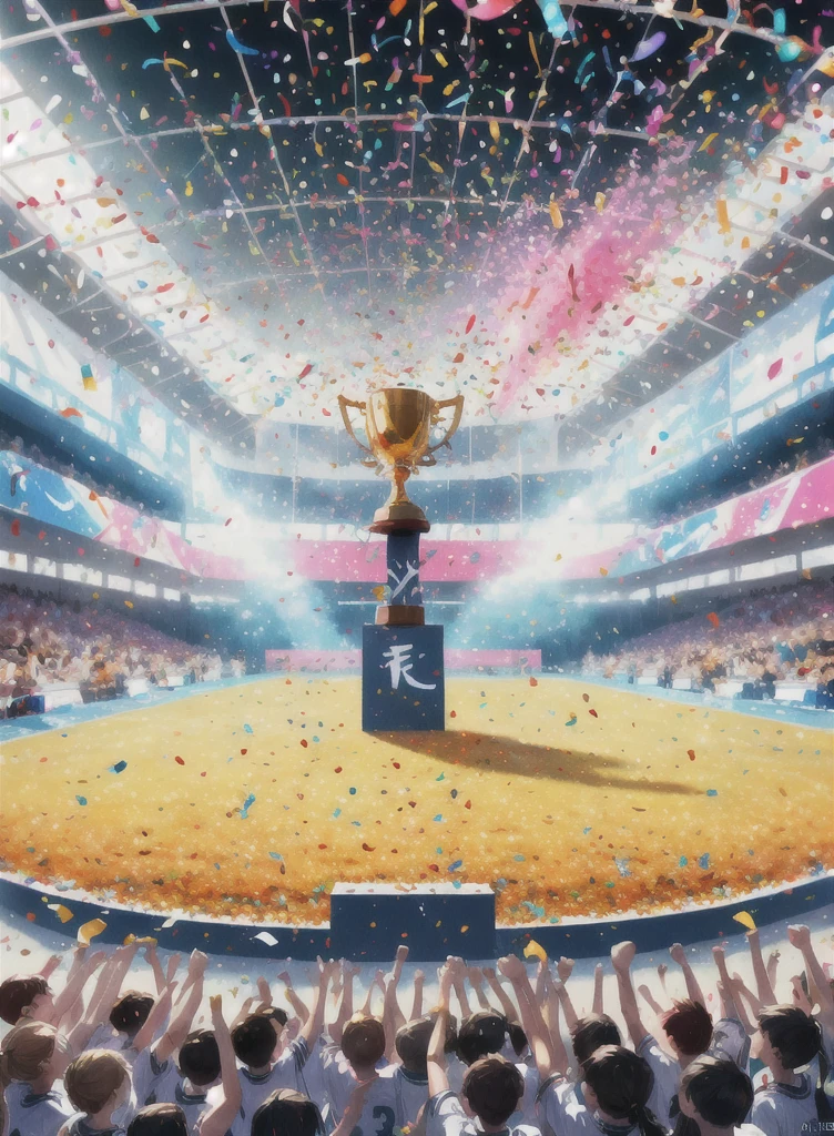 At the school sports meet, the winning athletes stood on the podium, proudly holding up their trophies. In the audience, students scattered colorful confetti, cheering for their honor and victory, panoramic view, Ultra high saturation, (best quality, masterpiece, Representative work, official art, Professional, 8k)