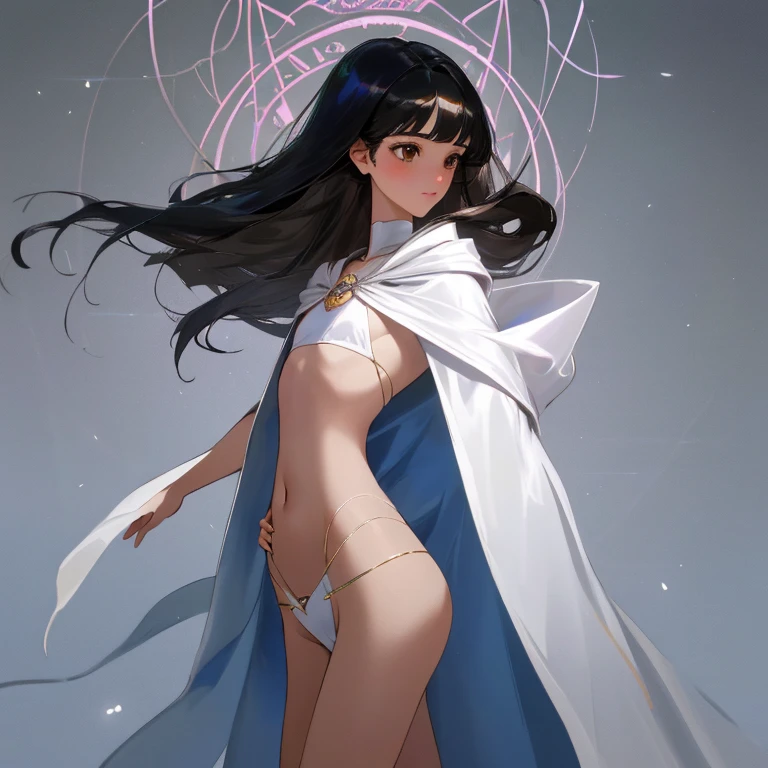 {{{{amazing quality, great quality, high quality, very aesthetic, aesthetic, best quality}}}}, 
realistic, photo, shadow, Three-dimensional, absurdres, Digital art, 
{{{{Magical girl}}}}, beautiful girl, one girl, 
black hair, long straight hair, hair, trimmed hair, shiny hair, blunt bangs, short sideburns, 
brown eyes, tareme, 
{{flat chest}}, {{small breasts}}, {{detailed body}}, slim thighs, thin thighs, 
from side, from side, white cloak, full body cloak, A girl covers the front of her body with a cloak, 
{{both shoulders expose}}, {{covered navel}}, 
{{magic circle}}, 