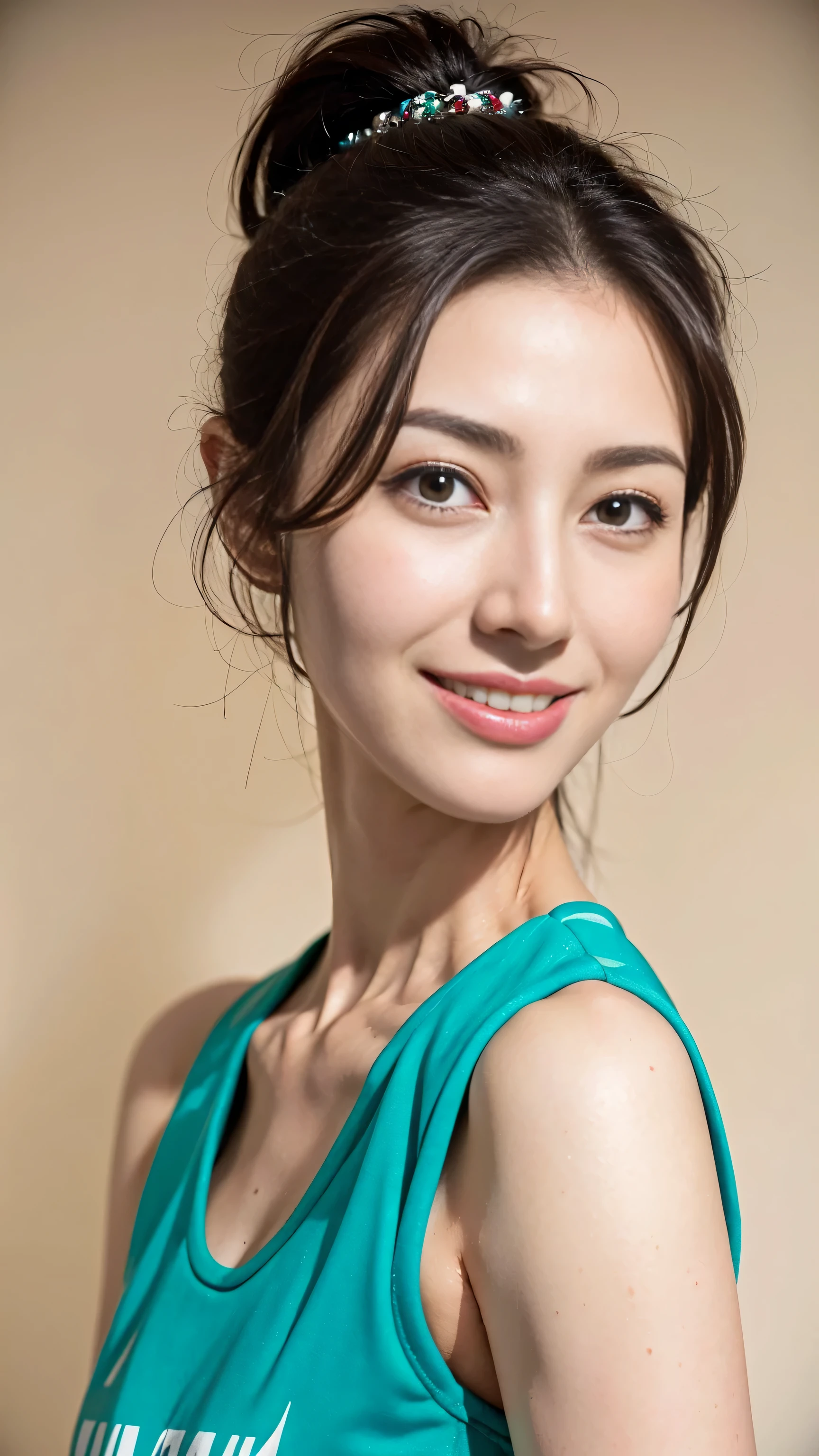 highest quality, masterpiece, Ultra-high resolution,8k, (Realistic:1.6), (Seated portrait) RAW Photos, 1 girl,((Night after work)),(Full of smiles, Showing teeth)), 22 years old,((Formal suit)),((turquoise short hair)),((Wear a bandana on your head)),((Looking up at the audience)),Face Focus:1.4,((Simple solid color background)), Image Media Chest)),((Smiling with teeth showing)),