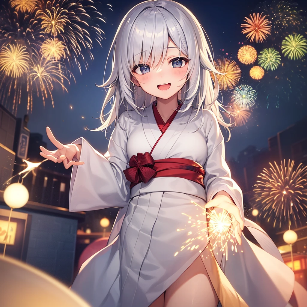 super high quality, with a girl, 20-year-old, very short hair, long bangs between the eyes, gray eyes , very detailed,(masterpiece、highest quality)、alone、gray hair、laughter、fantasy, silver hair, black eye, beautiful eyes, ecstasy, charm, be smitten with audience, white yukata、Fireworks go off、