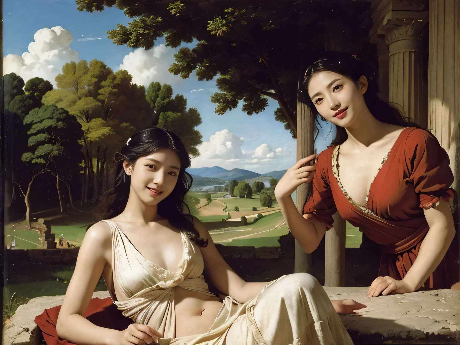 Ancient Roman ruins、Poussin-style landscape、smile、Sweet and enchanting appearance、Caravaggio's paintings、Caravaggio's chiaroscuro、hair blowing in the wind、two women having fun、キュートなsmile、expression of ecstasy、sexy、erotic