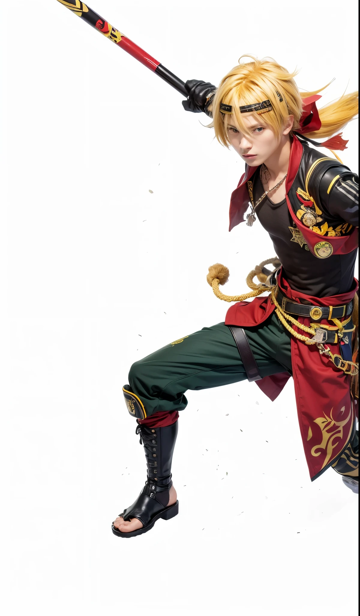 Thoma, genshin impact, inazuma, male, yellow hair, yellow eyes, red outer, black inner, black trouser, slipper, dogtag
