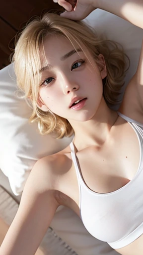  and high school changing clothes, hands raised, white tank top shoulders visible, bottom of breasts protruding from tank top, Japanese-style room, inn, on futon, track and field, beautiful girl, short hair, clear white skin, blonde, small breasts, beautiful legs, red cheeks, belly button exposed, expression of defiance, lying on her back Lying down, eyes open, composition viewed from directly above, sweating profusely, whole body visible, hair bald and disheveled 