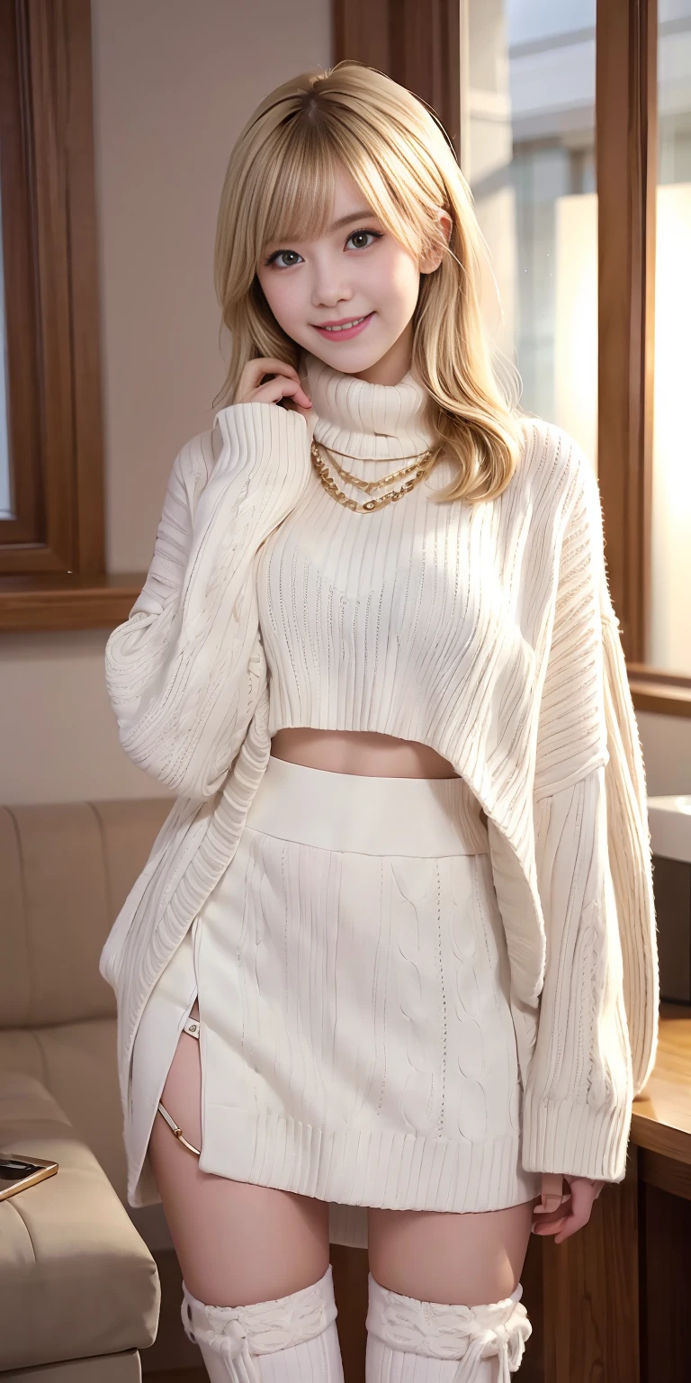 Super high quality, super high definition, super detailed, masterpiece, 22 years old, female, cute, nice body, white knit sweater, winter clothes, long skirt, necklace, bracelet, knee-high socks, boots, double eyelids, tear bags, fingers. Detailed, photo-like description, indoors, dim indoor lighting, blonde hair, medium length, standing, whole body, composition that shows the whole body, smiling