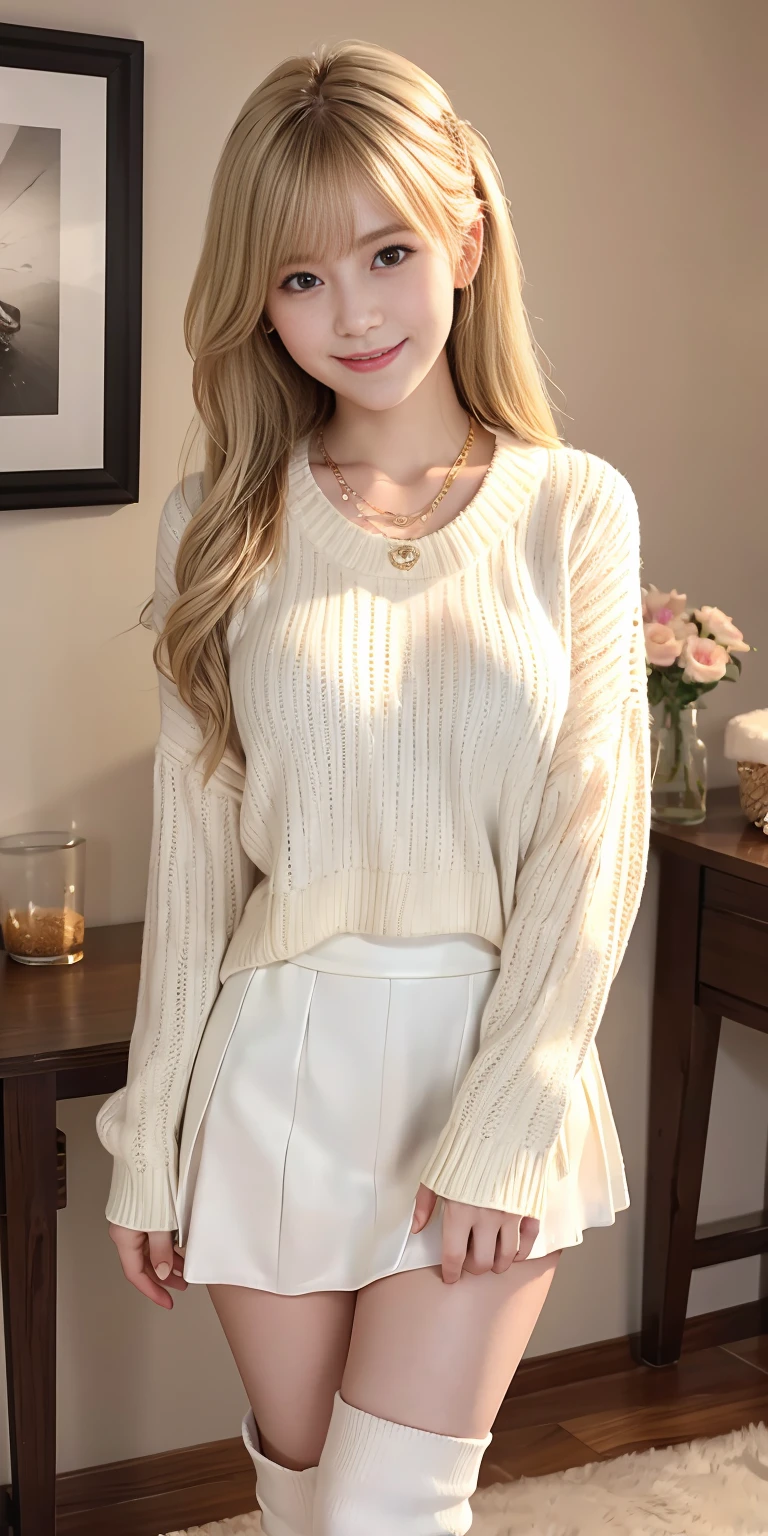 Super high quality, super high definition, super detailed, masterpiece, 22 years old, female, cute, nice body, white knit sweater, winter clothes, long skirt, necklace, bracelet, knee-high socks, boots, double eyelids, tear bags, fingers. Detailed, photo-like description, indoors, dim indoor lighting, blonde hair, medium length, standing, whole body, composition that shows the whole body, smiling