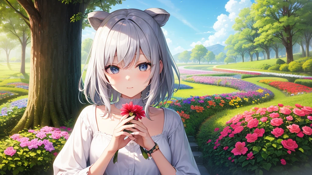 super high quality, with a girl, 20-year-old, very short hair, long bangs between the eyes, gray eyes , blue sky, sunlight, very detailed,(masterpiece、highest quality)、alone、gray hair、fantasy, silver hair, black eye, beautiful eyes,, ecstasy, charm, be smitten with audience, fantasyな風景、flower garden、white clothes、Princess、kiss face