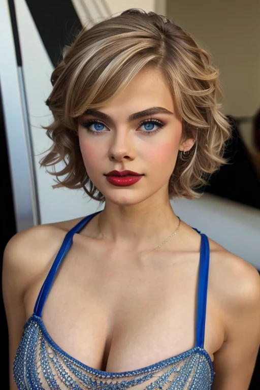 Cute, twink, dark blonde hair, teen, teenager, (prom dress), blue eyes, short hair, messy hair, matthew grey gubler as a girl, surprised expression, busty, (gigantic breasts), thin, feminine body, bmb-fc, ch0l4m4k3up, lipliner, eyeliner, red lipstick/lipstick