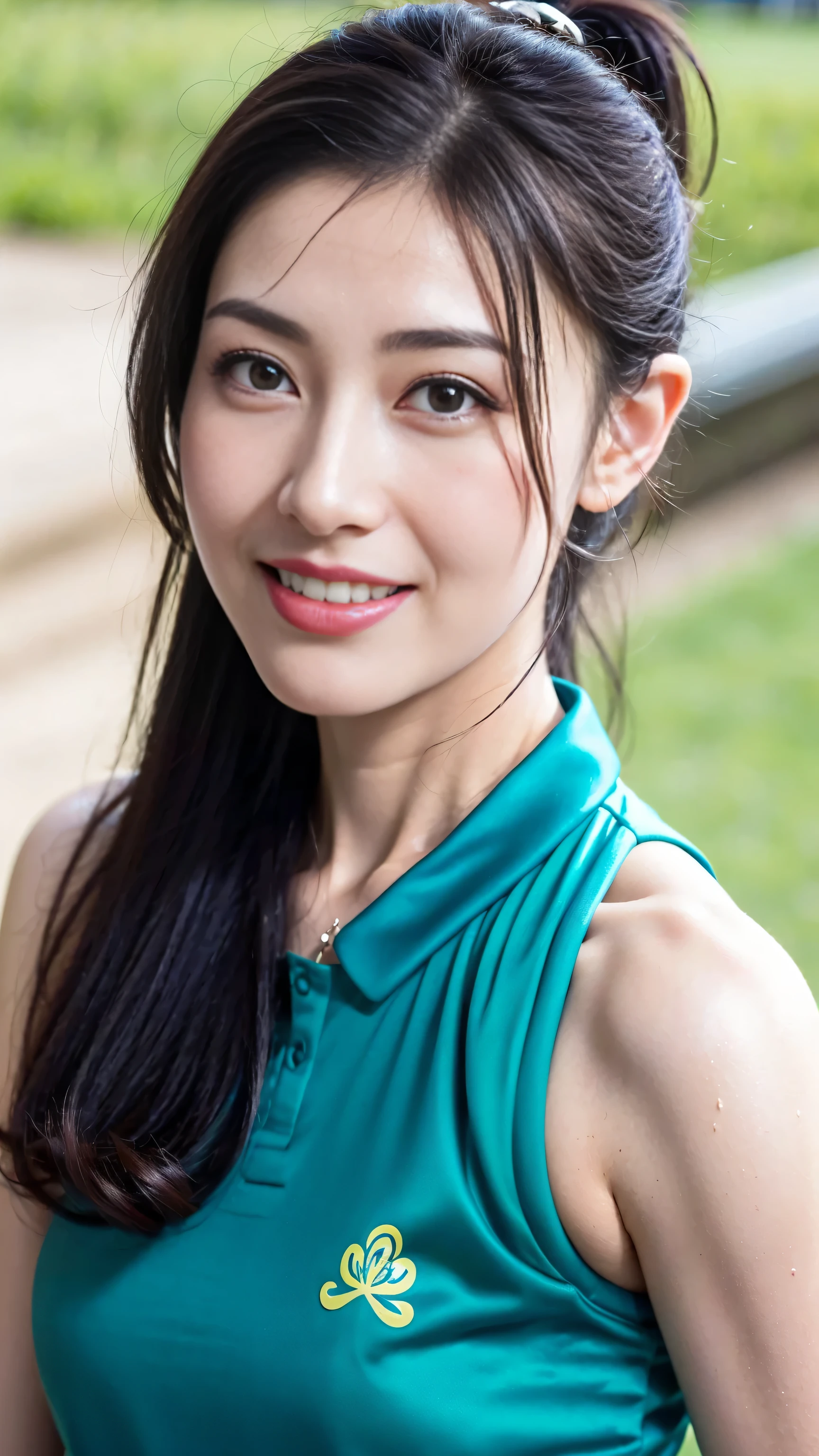 ((​Masterpiece, Top image quality, high resolution、alone、、sleeveless on land、track and field athlete、high ponytail hairstyle、not wearing anything、Whole BodyEsbian、a smile、smile slightly、Tekaka skin、shiny skin))、Sweaty face、Latino, puberty, Covered in sweat、red lipstick、((Evenly soaked with sweat))，((face close-up))，((Face it positively))