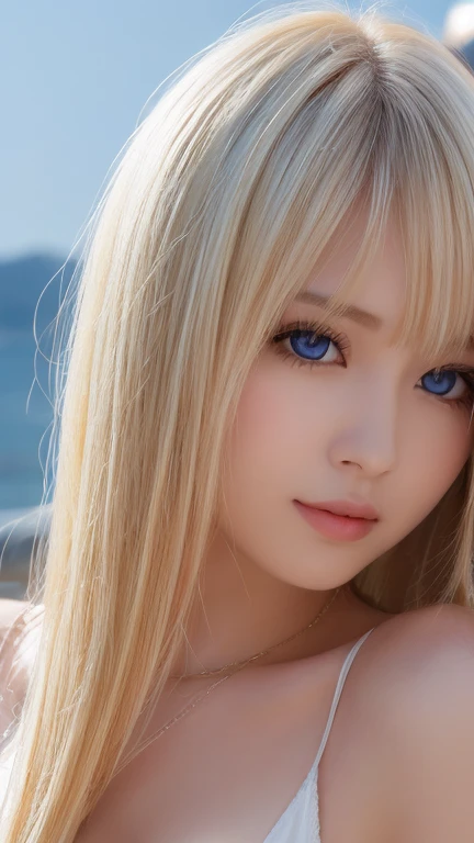 unparalleled beauty, Glossy firm and shiny skin, bangs between the eyes, Glossy Straight Beautiful Platinum Blonde, Super Long Straight Silky Hair, eyeliner, sexyで美しい無邪気な16歳, High definition amazing big beautiful bright blue eyes, beautiful and nice girl, ((huge ))、((erotic、sexy、ultra high resolution、the lighting is bright、Precise hands without any discomfort))、