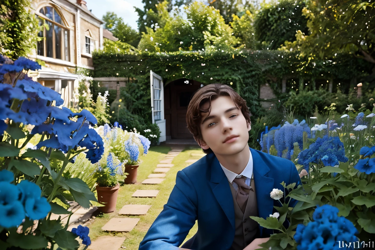 A young thin, short aristocratic guy of 19 years old with dark brown hair and light blue eyes, wearing expensive brown suit according to the late Victorian era, in the garden among growing blue delphiniums, daylight, high resolution, professional photo of excellent quality, 8k.