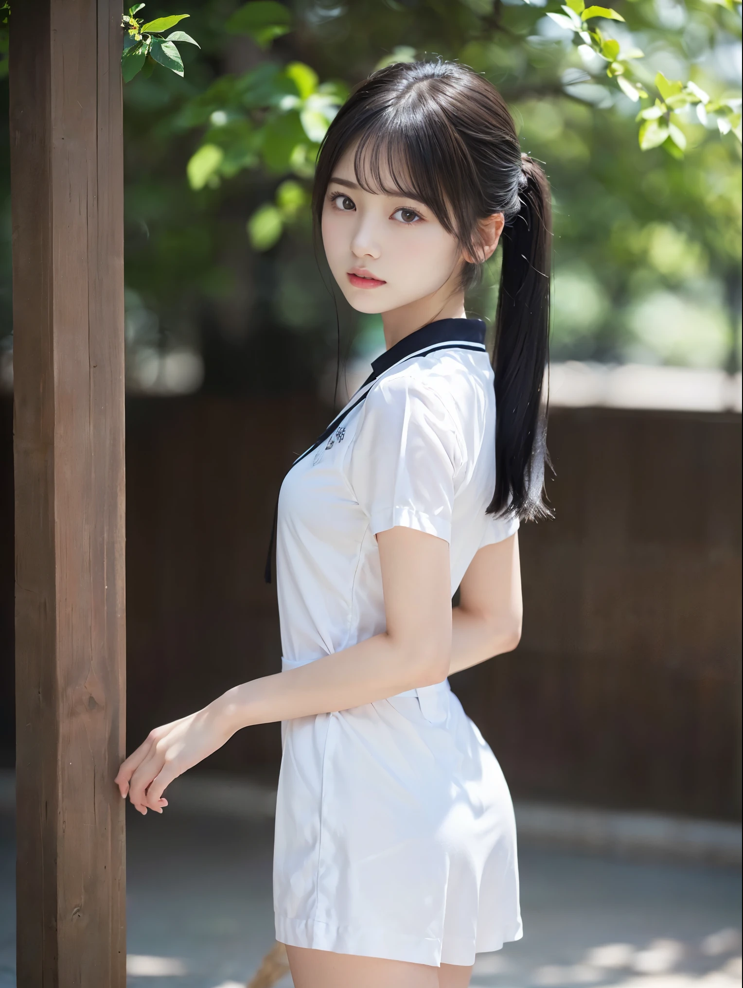 ((超絶リアルなhighest quality、Drawn details)、(Photographed from the front:1.4),(Center of gravity on one leg:1.9),(Stand upright:1.5),(Slender figure wearing summer uniform) ,(Close up of twin-tailed hair girl:1.3)、(realistic background:1.3)、(anatomically correct:1.3)、(full hand:1.3)、(full finger:1.3)、Photoreal、Raw photo、highest quality、high resolution、delicate and beautiful、perfect face、beautiful and fine eyes、Fair skin、real human skin、pores、((thin legs))、(black hair)