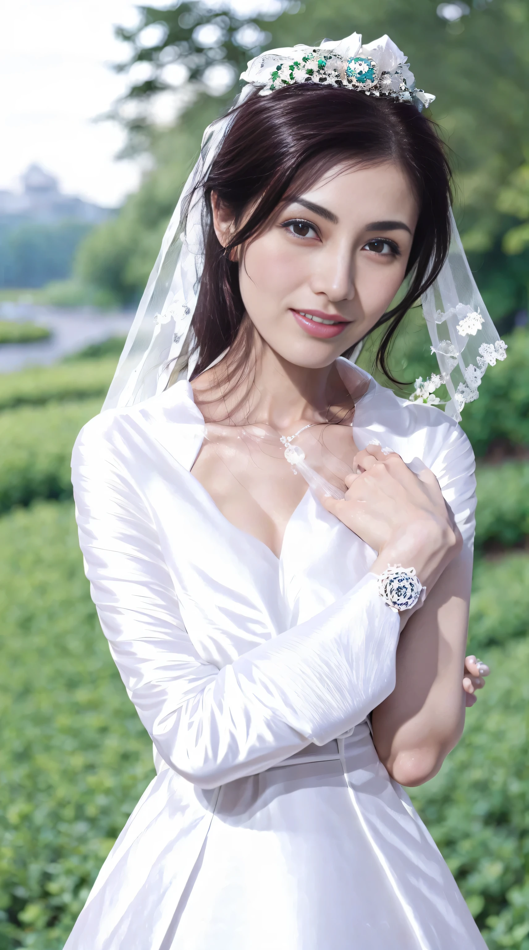（1 18-year-old female fashion model）， [[[[close up]]]], [[[[]]]], [[[[neck]]]], [[[[Shoulder]]]], perfect eyes, perfect iris，perfect lips，perfect teeth，perfect skin，White skin，Soft headlight，High density imaging review，super pretty girl，((Beautiful white wedding dress))，((nude))，((bridal hairstyle))，((A smile of excitement and satisfaction on his face))，((Sexy and charming expression))，((looking at the audience))，(Various dynamic poses)，The background is green trees and gossip，high quality， masterpiece， ultra high resolution，（lifelike： 1.4）， original photo，（超级lifelike细节））， best quality，（pastel colors：1.2）