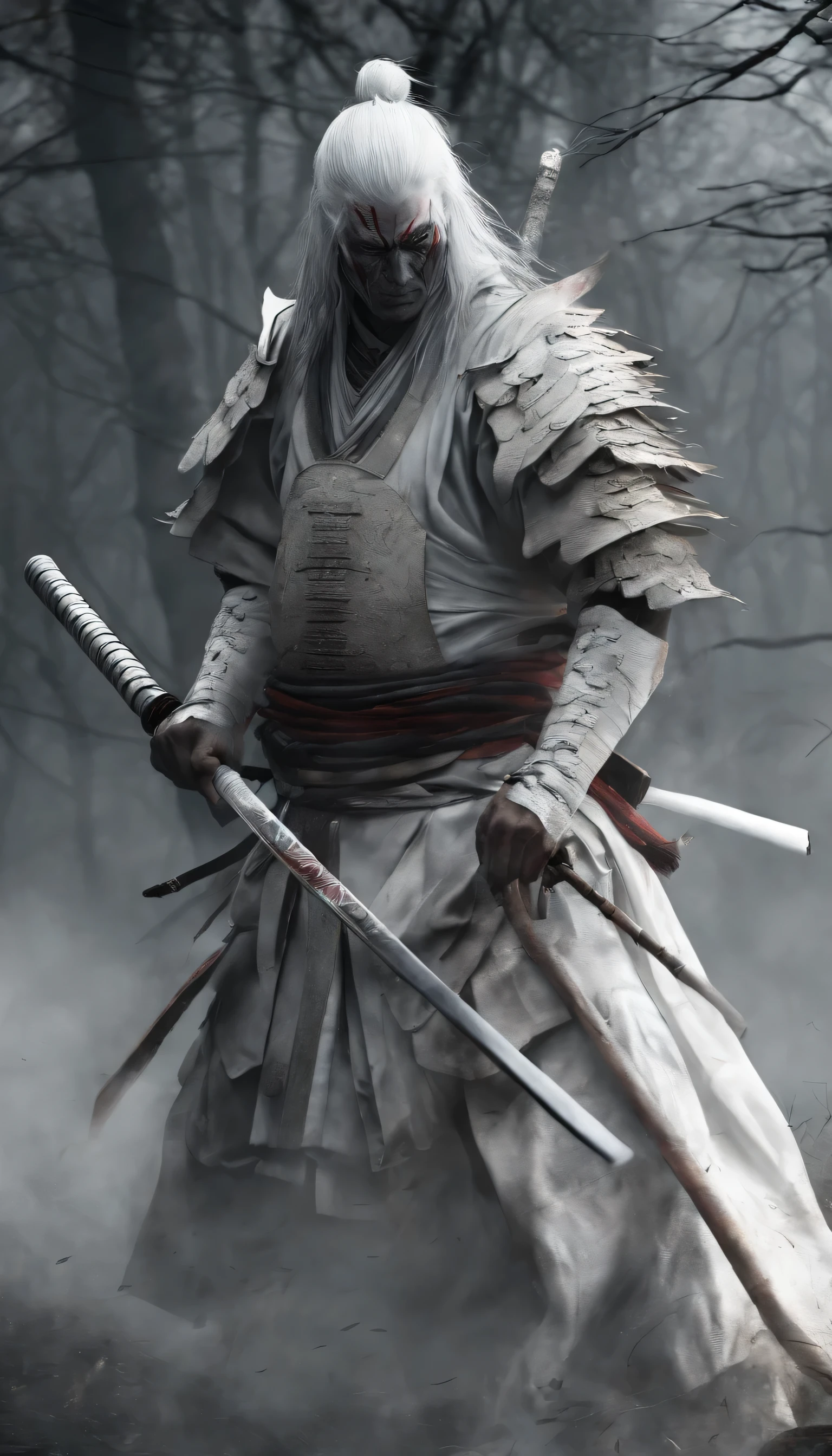 (highest quality,4K,8K,High resolution,masterpiece:1.2),Super detailed,(realistic,realistic,realistic:1.37)、Samurai of feudal Japan in the Sengoku period, (samurai in white costume:1.5), It exudes a strong sense of intimidation,naginata、shrine、long hair、gray hair、