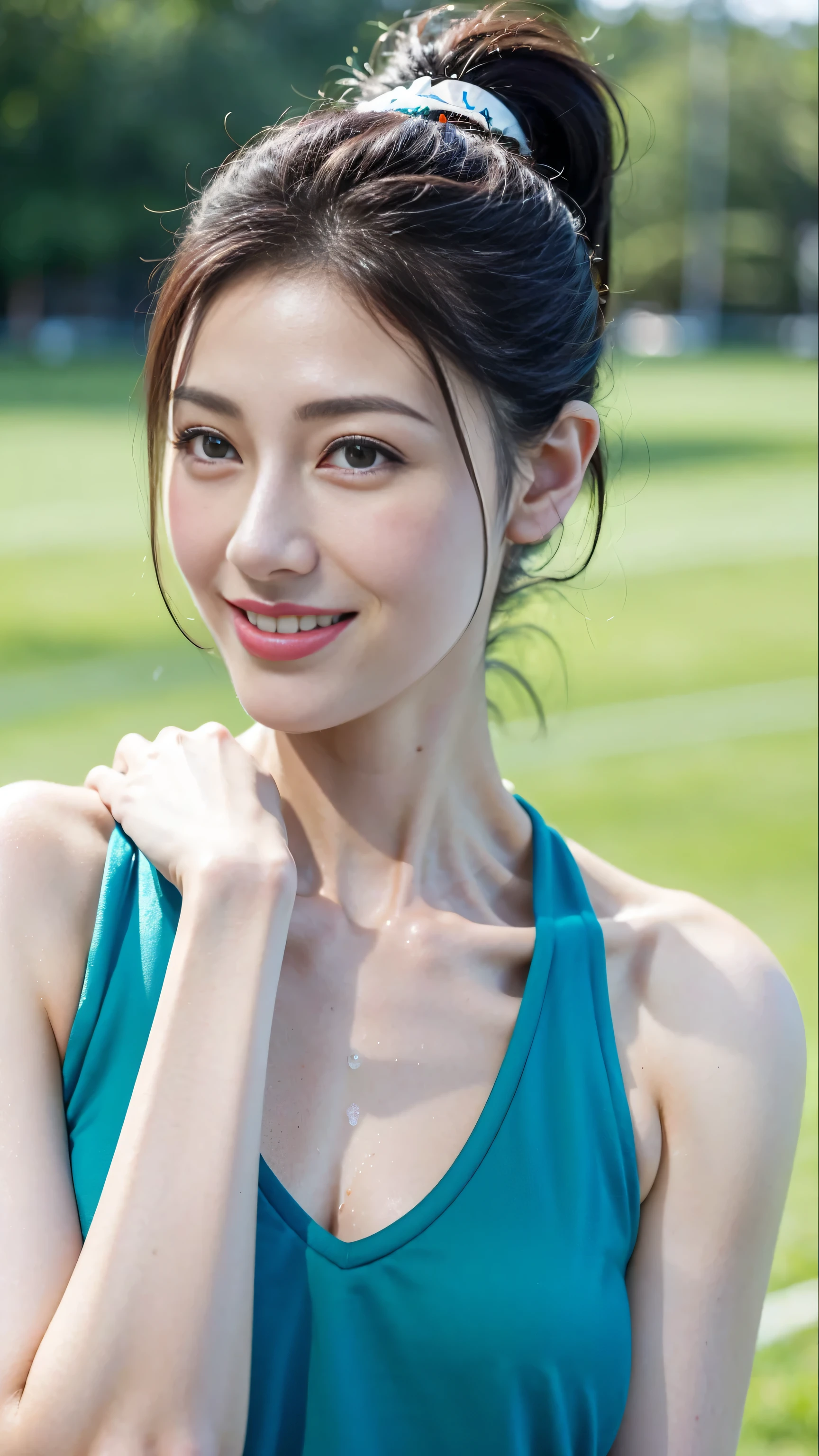 ((Masterpiece, Top image quality, high resolution、alone、、sleeveless on land、track and field athlete、high ponytail hairstyle、not wearing anything、Whole BodyEsbian、a smile、smile slightly、Tekaka skin、shiny skin))、Sweaty face、Latino, puberty, Covered in sweat、red lipstick、((Evenly soaked with sweat)),((face close-up)),((Face it positively))