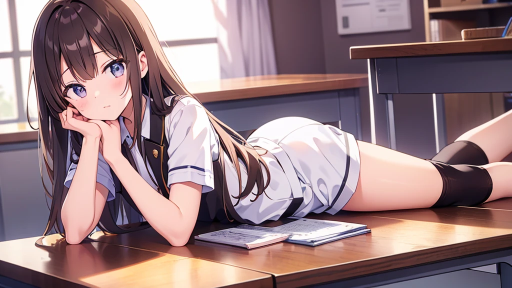 lighting like a movie、top-quality、High school girl pulling her panties down to her thighs in a school classroom、Laugh、Nearly taking off your panties、ripped school uniform