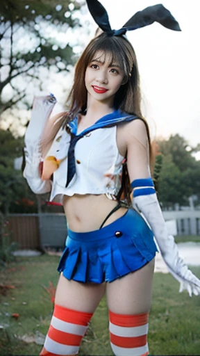 best quality, masterpiece, 1 girl, perfect beautiful face, (photo photo:1.3), edge lighting, photography lighting, (high detail skin:1.2), 8k ultra hd, DSLR, high quality, high resolution, white skin, detailed textured skin, half body in frame, sexy posing, cute smile face, perfect propotion face, symetric face, eye level shot, 4k, 8k, bokeh, absurd, best ratio four fingers and one thumb, (realistic:1.3), beautiful detailed girl, cute 1girl, dark brown hair, long hair, ponytail, bangs, volume hairs, collosal-breast, full looking breast, projecting breast, slim waist, slender, small thighs, perfectly proportion, garden background, detailed background, trees, clouds, grass, standing, frontal posing, direct gaze, bare thighs, ponytail, elbow gloves, thighhighs, highleg panties, blue pleated skirt, bunny ear, shimakaze \\(kancolle\\)