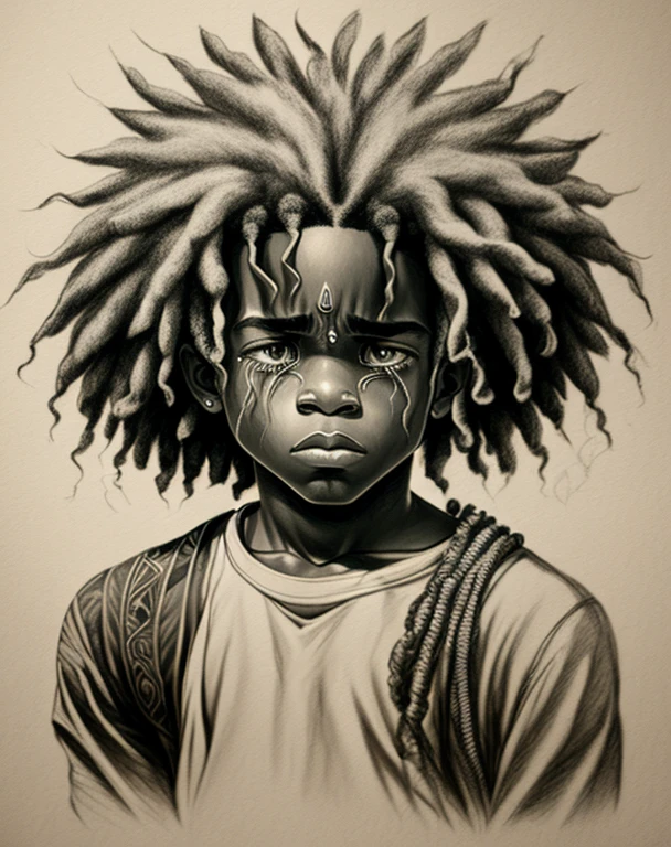 I want an expression of Sad crying , example of 1 male characters in graphite pencil drawing, cabelo afro caindo para a frente, Tipo Rasta, 8k Camera, para colocar de perfil no tiktok,
