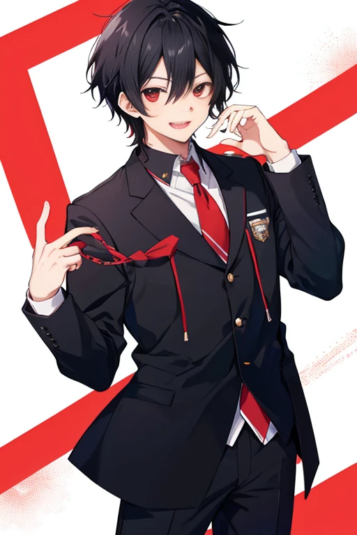 Anime style high school boy with black hair and red eyes wearing a high school uniform who is smiling happily