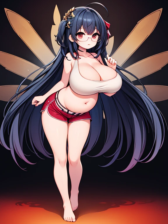 (Very high quality, detailed) An image of a full body pregnant girl with a round belly, long hair, very big breasts and a huge ass. She's standing barefoot with her hands on her belly. She's wearing a crop top, very thight shorts and glasses.