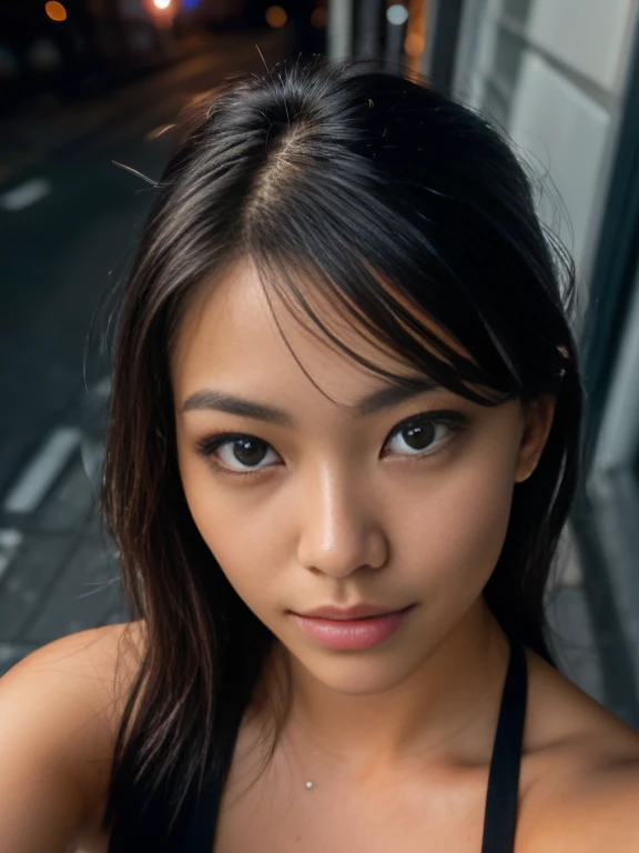 (taking selfies, overhead view: 1.4), (straight half of the torso: 1.4), Portrait photo of a 26-year-old half japanese half netherland girl in RAW UHD format (Blue-eyed woman) , 1Beautiful girl, extremely detailed CG unified 8k, Walk down the dark alley, night city, Details (textures! , Hair! , glistering , big breast, imperfections: 1.1), highly detailed glossy eyes (looking at the camera), DSLR Lighting, SLR camera, Ultra-Quality, sharpness, Depth of field, Film grain (Downtown), Fujifilm XT3, Crystal clear, Frame Center, beatiful face, sharp-focus, street lamp, neon lighting, bokeh (dimly lit), night time, (night sky), detailed skin pores, oilly skin, suntan, Complex eye details ,