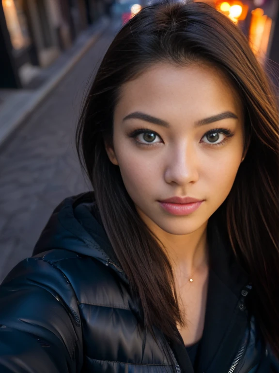 (taking selfies, overhead view: 1.4), (straight half of the torso: 1.4), Portrait photo of a 26-year-old half japanese half netherland girl in RAW UHD format (Blue-eyed woman) , 1Beautiful girl, extremely detailed CG unified 8k, Walk down the dark alley, night city, Details (textures! , Hair! , glistering , big breast, imperfections: 1.1), highly detailed glossy eyes (looking at the camera), DSLR Lighting, SLR camera, Ultra-Quality, sharpness, Depth of field, Film grain (Downtown), Fujifilm XT3, Crystal clear, Frame Center, beatiful face, sharp-focus, street lamp, neon lighting, bokeh (dimly lit), night time, (night sky), detailed skin pores, oilly skin, suntan, Complex eye details ,