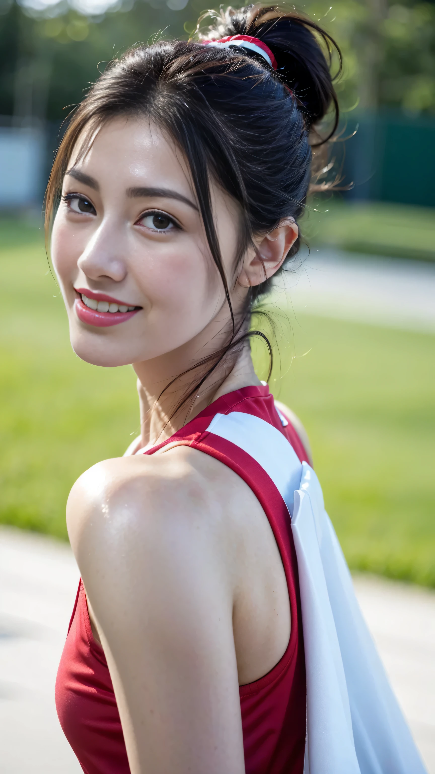 ((Masterpiece, Top image quality, high resolution、alone、、sleeveless on land、track and field athlete、high ponytail hairstyle、not wearing anything、Whole BodyEsbian、a smile、smile slightly、Tekaka skin、shiny skin))、Sweaty face、Latino, puberty, Covered in sweat、red lipstick、((Evenly soaked with sweat)),((face close-up)),((Face it positively))