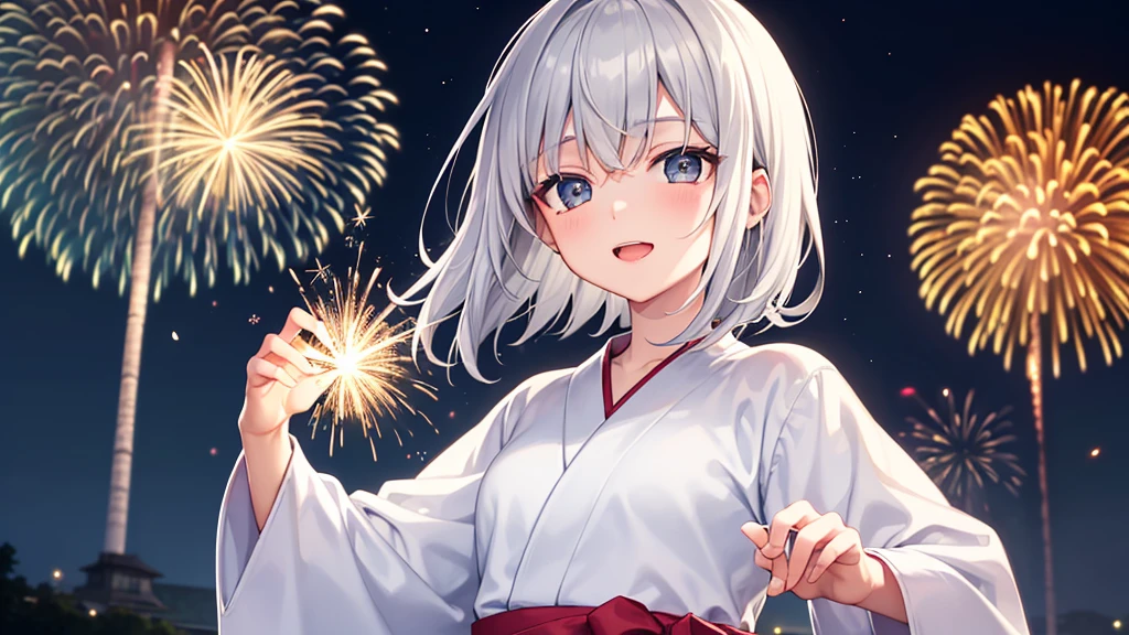 super high quality, with a girl, 20-year-old, very short hair, long bangs between the eyes, gray eyes , very detailed,(masterpiece、highest quality)、alone、gray hair、fantasy, silver hair, black eye, beautiful eyes, ecstasy, charm, be smitten with audience, white yukata、Fireworks go off、