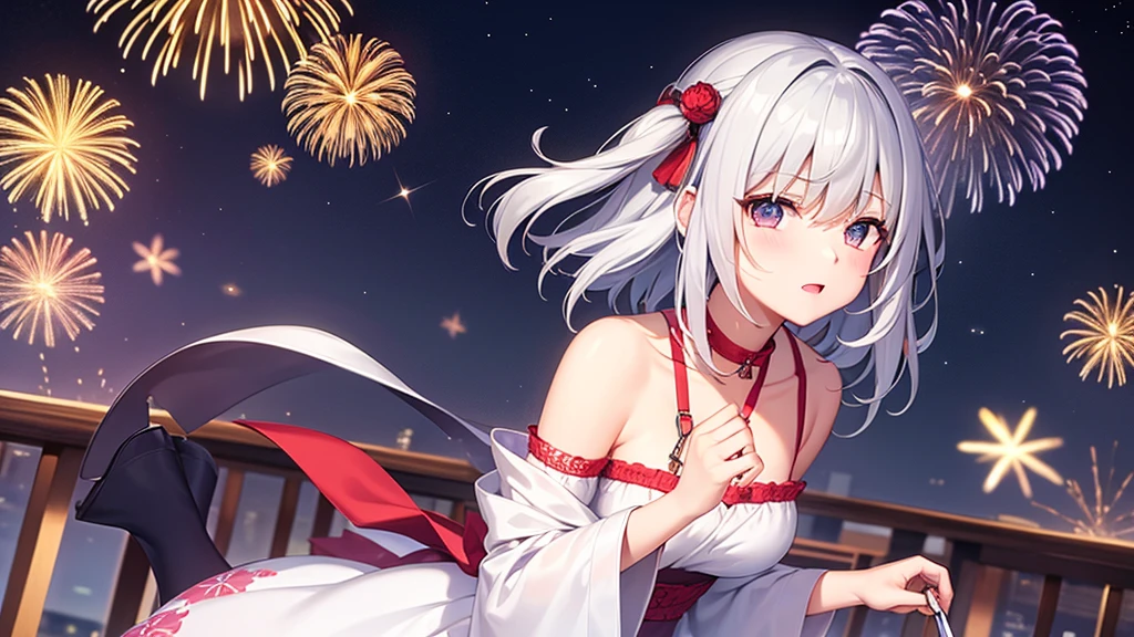 ((one personの女性)), Beautiful Face,Laughing embarrassedly,Laughing with your mouth open,(Bright red cheeks),Glossy pink lips,night,The rooftop of a hotel with a sea view,firework,((Anime style background)),masterpiece, highest quality, so beautiful, Latest, Complex details, (Pink long nails),(ring),AI-generated, Complex,High resolution, highest quality, super high quality,3D Images、View your viewers、3D Images,one person,Long white hair,High Ponytail,blue eyes,Anime woman posing for a photo, ((Fine grain、Silvery white colorful eyes、Shining Eyes:1.3)),(Squint your eyes:1.1),a hyperRealistic , hyperRealistic , Realistic,Anime woman with long and white hair, Smooth anime CG art, A woman in a colorful kimono with gold embroidery, (White kimono),Red floral pattern,Long flower hair ornament,Big earrings,Mature Body,(Big Breasts:1.1),Tall,Big Ass,Fine details,Narrow waist,Abdominal muscles,Shooting from an angle,(Face close-up:1.2),(clasping their hands in front of their mouth with a delighted expression),