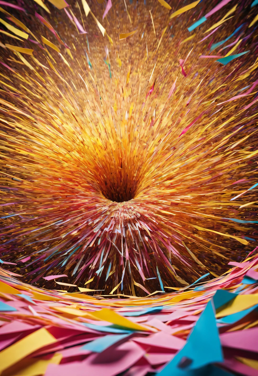 Colorful shredded paper resembles a butterfly spinning wildly in a vortex, sucked into a huge golden hole, fantasy,