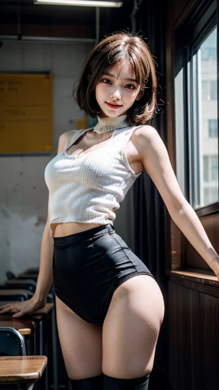 pieces fly、highest quality、An illustration、super fine、Are you okay、High resolution、8k wallpaper、perfect dynamic composition、(((Full body Esbian)))、((from below))、20 year old cute girl、detailed beautiful face、detailed and cute eyes、fine-textured skin、My cheeks turned red、shy、(short cut hair:1.3)、(Wavy brown hair)、small breasts、bold sexy pose、smile、(sleeveless、Navel exposure、Fitted turtleneck)、hot pants laces street、small breasts、between the legs、small ass、thin butt、Please generate on the eaves.、thin shoulders、In underwear、High resolution，21 year old girl，full body esbian，big round breasts，uniform，tic，tie a ribbon，blazer jacket，skirt，Beautiful eyes in detail，long eyelashes，beautiful double eyelids，eye shadow，slit-eyes，Three white eyes，dark eye makeup，smile，beautiful thin legs，black silk，black boots，short hair gathered behind，school classroom，I can see the cleavage