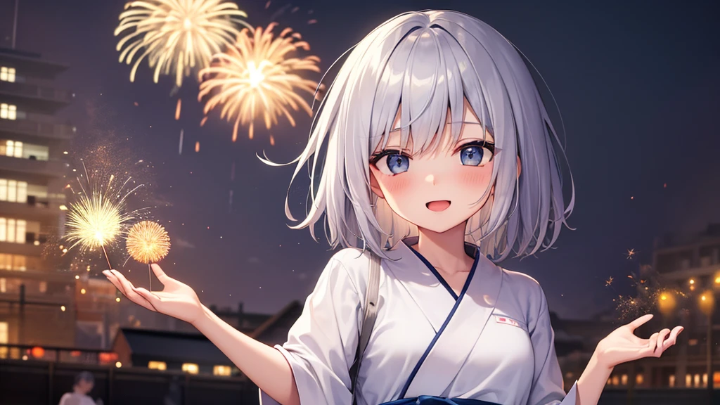 super high quality, with a girl, 20-year-old, very short hair, long bangs between the eyes, gray eyes , very detailed,(masterpiece、highest quality)、alone、gray hair、fantasy, silver hair, black eye, beautiful eyes, ecstasy, charm, be smitten with audience, white yukata、Fireworks go off、look up at the sky