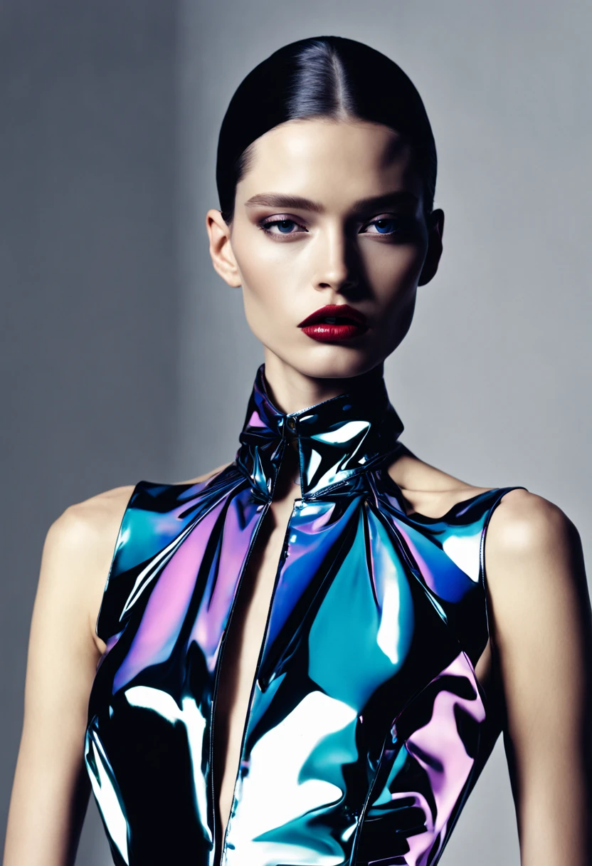 a photograph of caucasian american female model, professional photoshoot, classic haute couture:0.7, glitch aesthetic:0.3, haute couture:0.7 , torso shot, medium shot, glamour shot, by Balenciaga high fashion creator ,