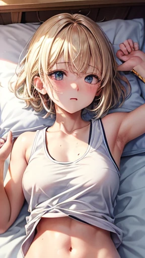  high schooligh school girl, raising both hands, white tank top shoulders visible, lower breasts protruding from tank top, Japanese-style room, inn, on futon, athletics, beautiful girl, short hair, clear white skin, blonde, small breasts, beautiful legs, red cheeks, exposed belly button, expression of defiance, lying on her back His eyes are open Composition viewed from directly above He is sweating profusely His whole body is visible His hair is wild and disheveled 