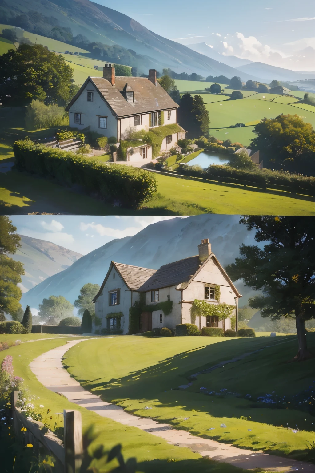 Imagine a small and humble house nestled in the English countryside, made of weathered stones and exuding a charming, rustic allure. The cinematic 4K image conveys the photorealistic textures of the house's worn facade, every crevice and uneven stone bringing the structure to life.
Lush greenery surrounds the house, with vibrant, bold brushstrokes capturing the essence of the English landscape. The rolling hills, painted with dynamic lighting, bathe the house in a warm, golden glow. Rich, earthy tones dominate the scene, adding depth and dimension to the image.
A stunning landscape unfolds before the house –