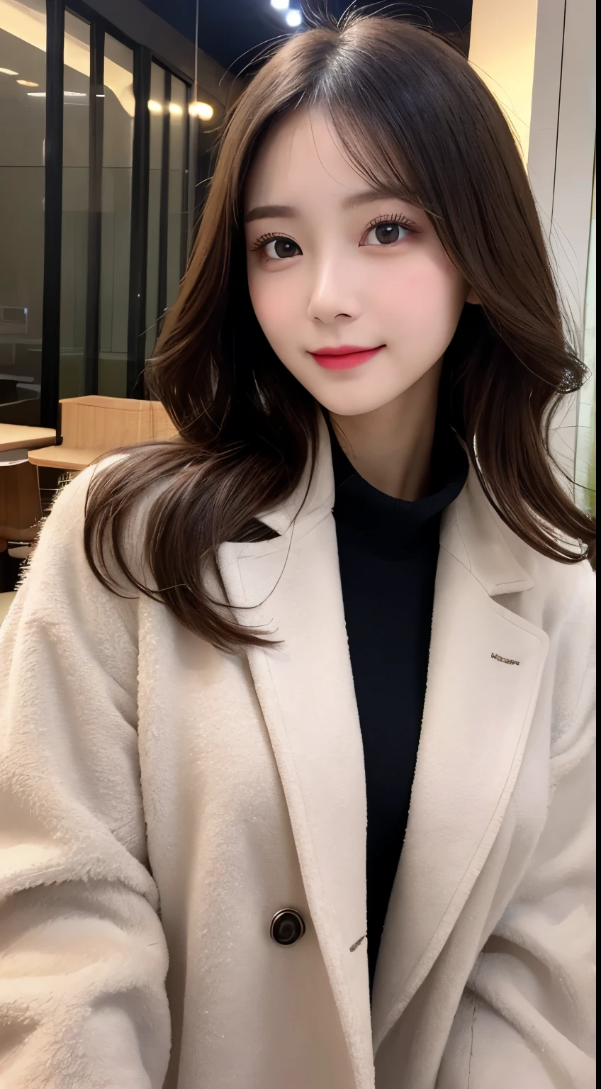 table top, highest quality, shape, Super detailed, finely, High resolution, 8k wallpaper, 完璧なダイナミックな構shape, beautiful and detailed eyes, Gorgeous and stylish black fluffy latest trend Tokyo winter clothes,ランダムなcute髪,small breasts,natural color lip, bold sexy pose,smile、20 year old girl、cute、sexy shot looking at camera,Always blur the background,perfect and beautiful face,Take only the face,beautiful and detailed face、slim face and style,Big eyes、Do gal makeup,real photos、luxury brand mink coat