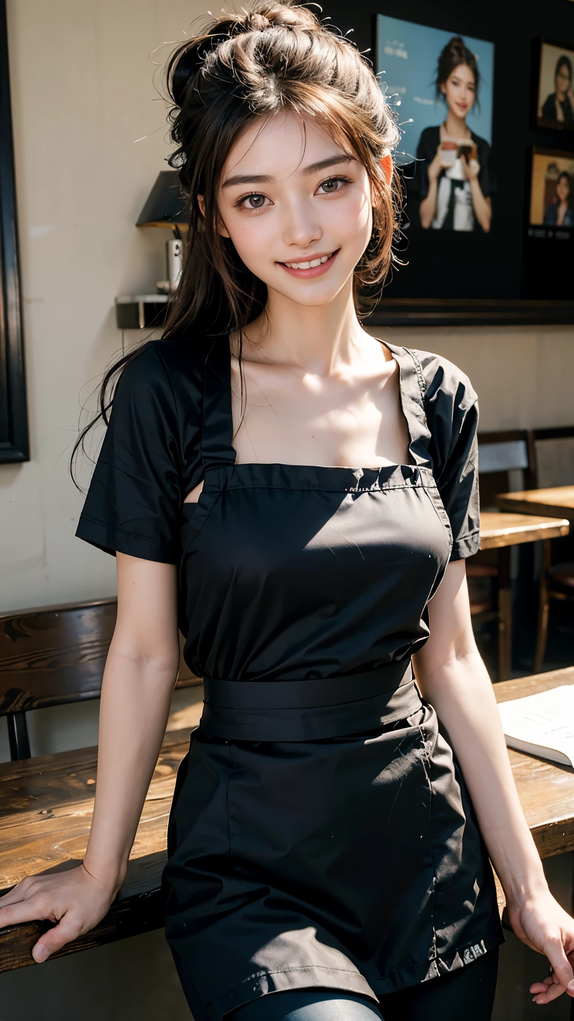 highest quality, masterpiece, ultra high resolution, (realistic:1.4), (close portrait) Raw photo, 1 girl, 22 years old,(((fashionable cafe))),((long hair chignon)),(black shirt and black pants),((waist apron)),masterpiece, realistic pictures, japanese pictures, fuji negative film, saturation, contrast, Pocari Sweat Advertisement ((small breasts)),((smiling showing teeth)),,brown hair,